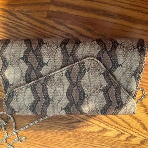 Snake-Print Foldover Clutch in Brown
